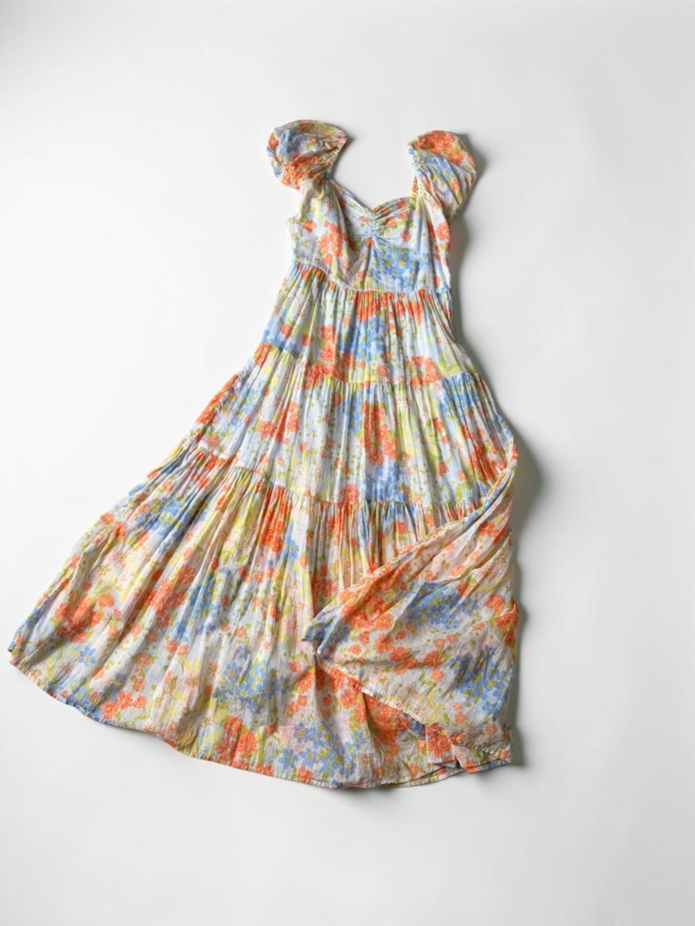 Billabong Maxi Dress Orange & Blue Floral Cotton Puff Sleeve - Picture 9 of 15